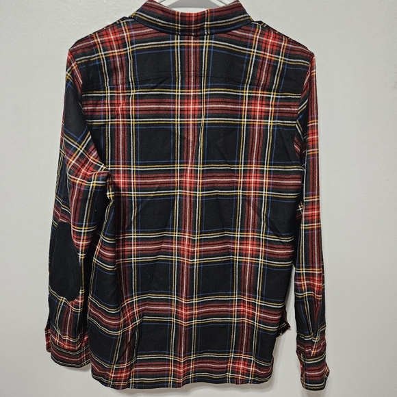 Vtg Lauren Jeans Co Wool Black Red Tartan Plaid Shirt Leather Elbow Patch Large - Picture 2 of 6